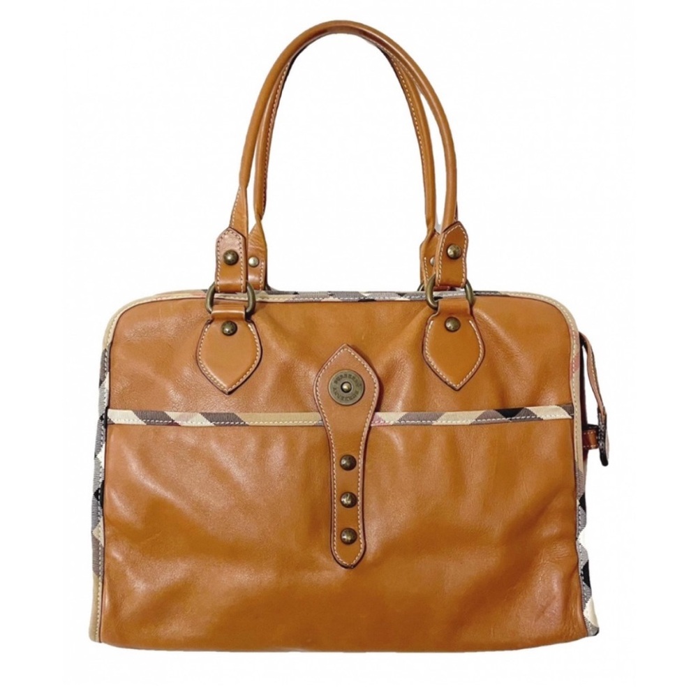 Authentic Burberry Cognac Brown Leather Nova Check Trim Satchel Bag